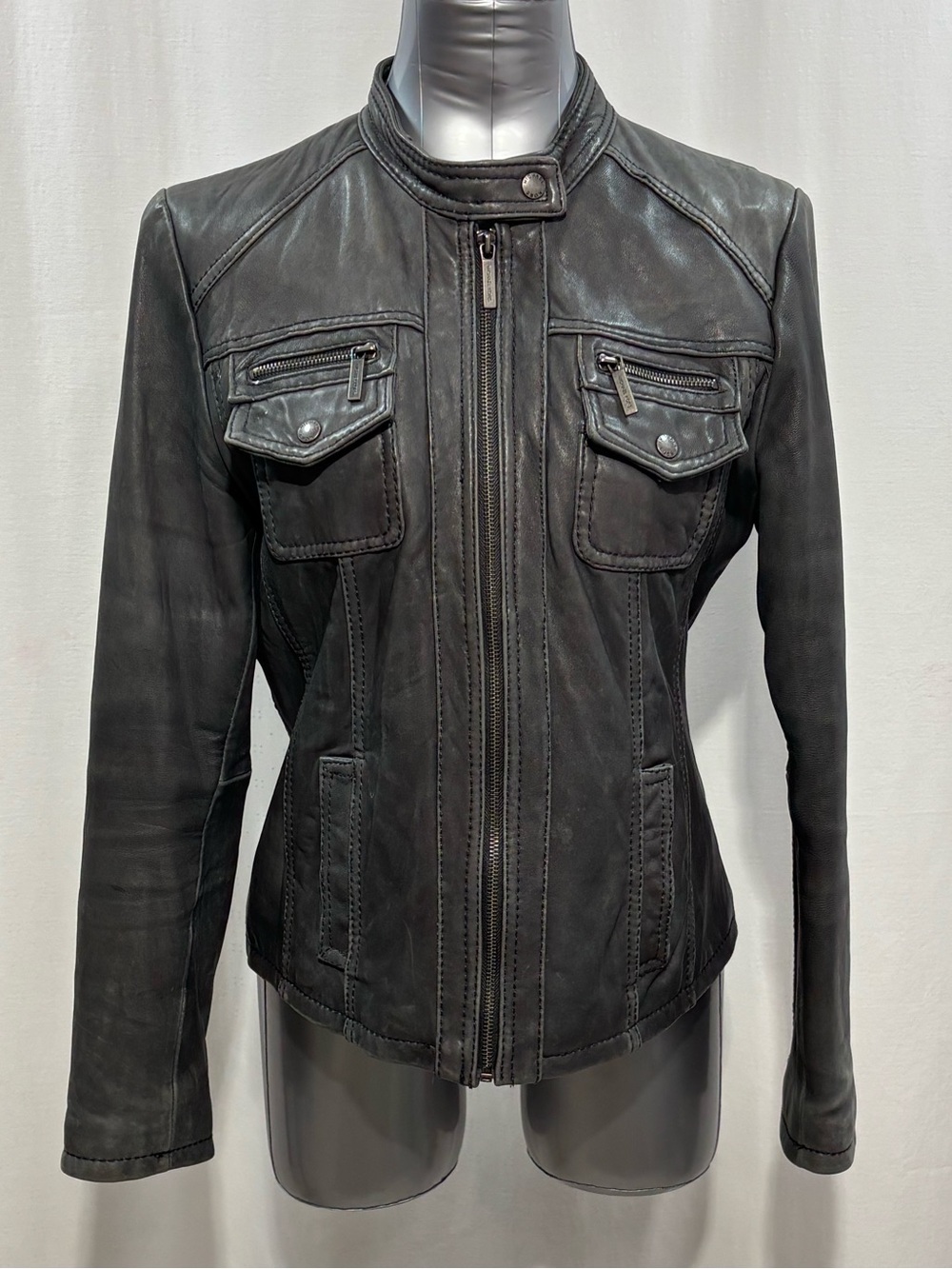 Michael Kors Black Leather Moto Biker Jacket with Zip Chest Pockets Large